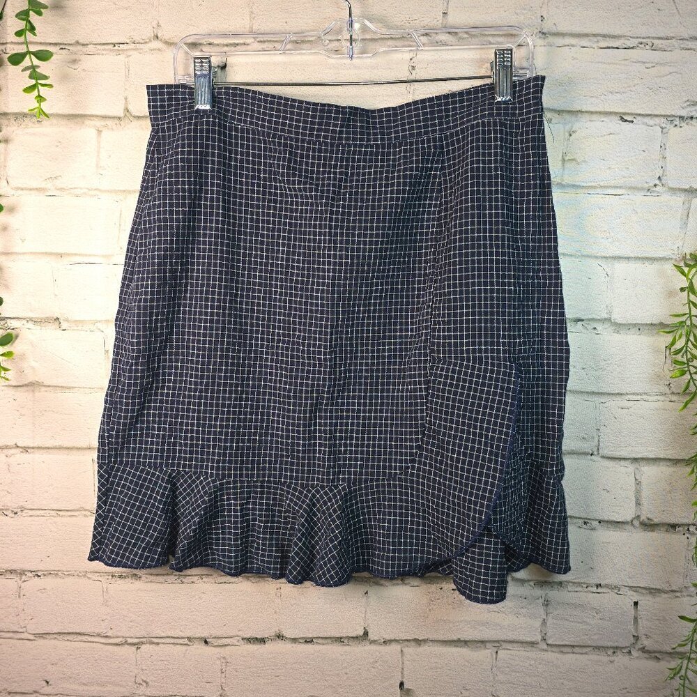 UMGEE NAVY PLAID SKIRT RUFFLED HEM FAUX WRAP WOMENS COTTON BLEND SIZE LARGE EUC